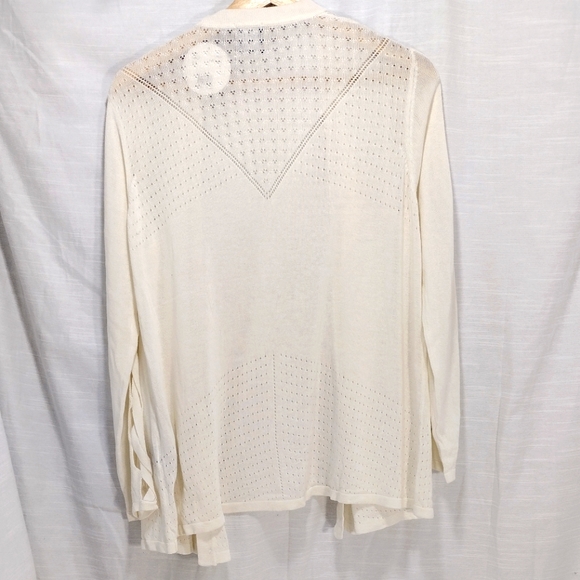 August Moon Cream Rayon Thin Knit Eyelet Criss Cross Cut-Out Sleeve Cardigan - Picture 4 of 14